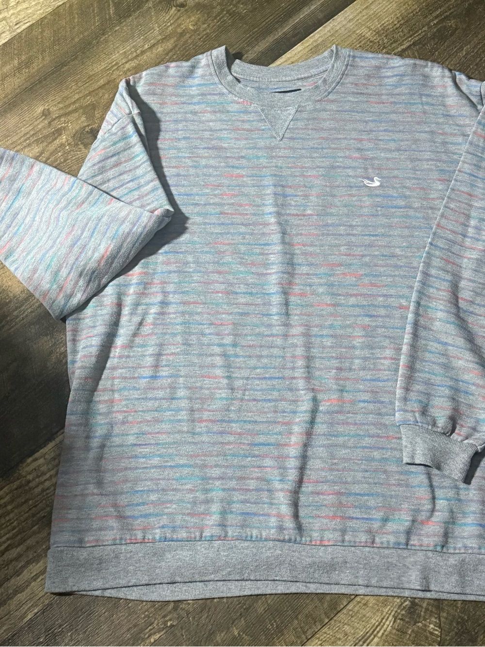 Southern Marsh Light Gray Heather Crewneck with Pastel Stripe Accents